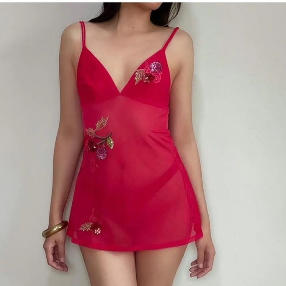 Victoria's Secret VS Red Floral Embroidered Mesh Sheer Mini size M
